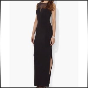 RALPH LAUREN Evening Gown Dress Black Illusion Yoke Ruched Waist Floor Length 4